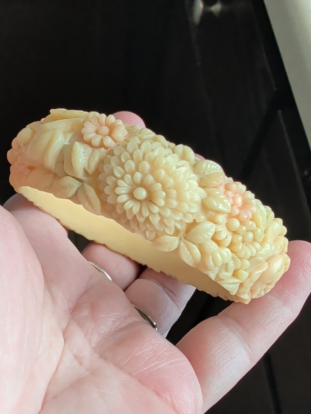 Vintage Celluloid Floral Carved Resin Bracelet in Cream